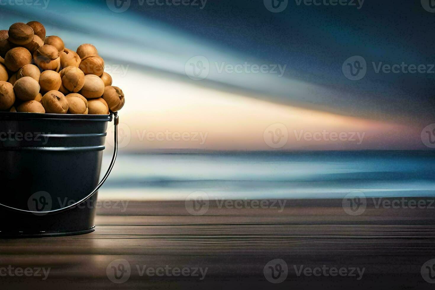 a bucket filled with nuts on a wooden table. AI-Generated photo