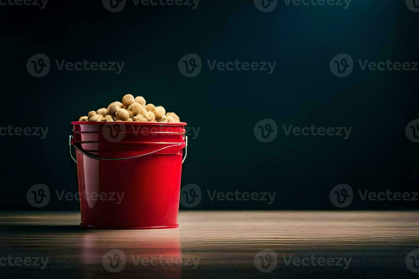 a red bucket filled with peanuts on a wooden table. AI-Generated photo