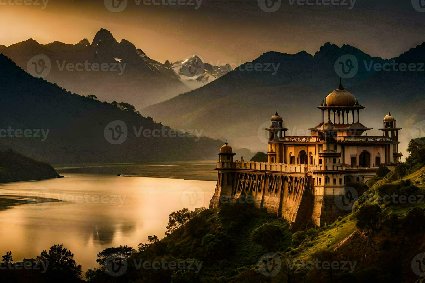 the sun sets over a lake and a castle. AI-Generated photo