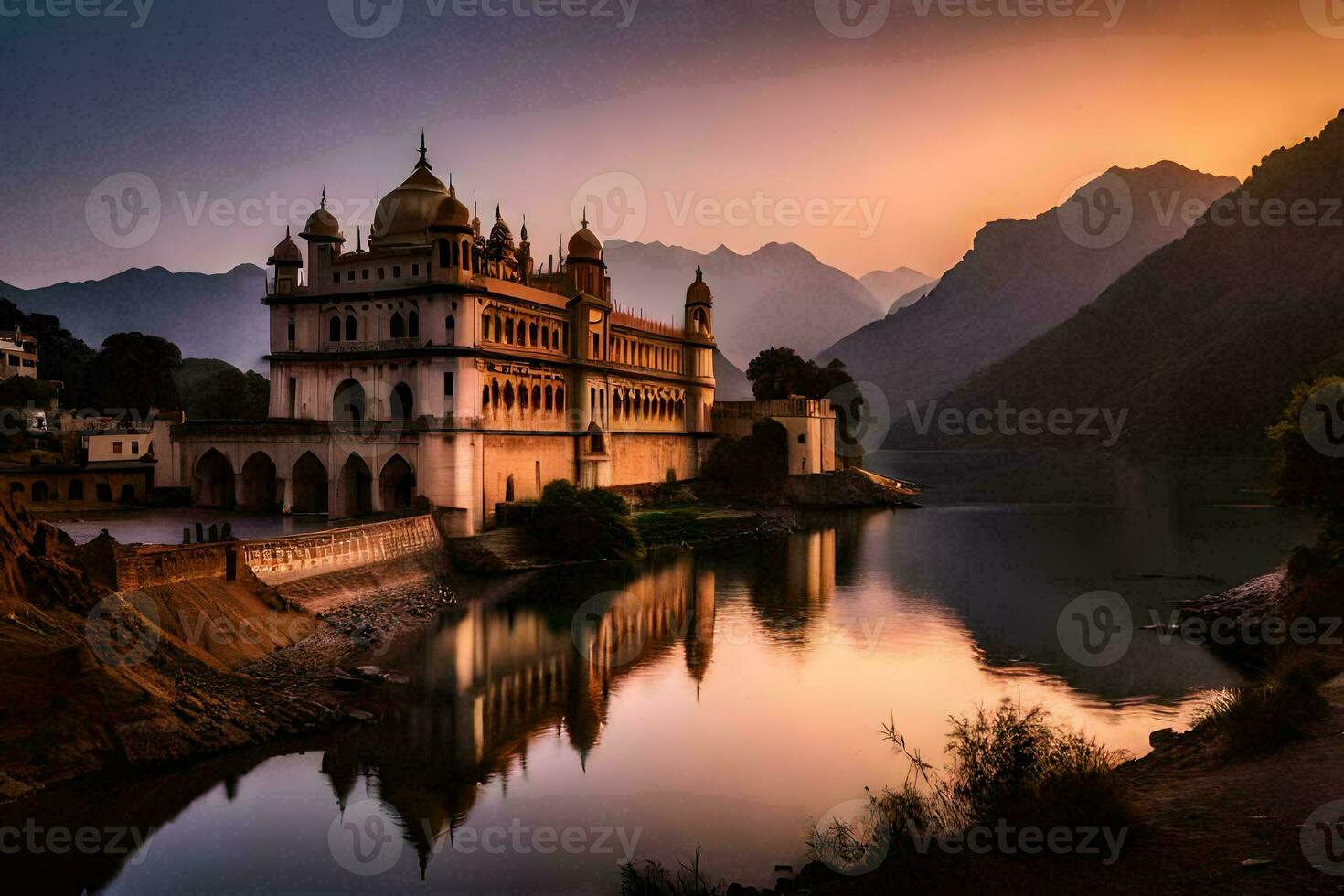 the sunset over the lake and the palace. AI-Generated photo