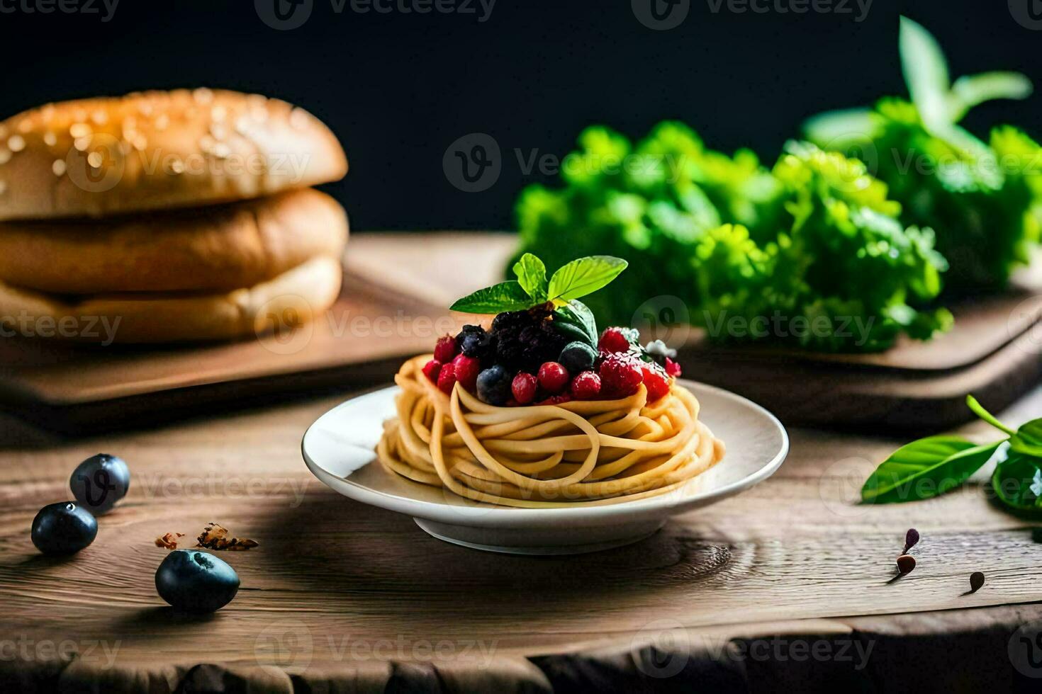 spaghetti with berries and herbs on a plate. AI-Generated photo