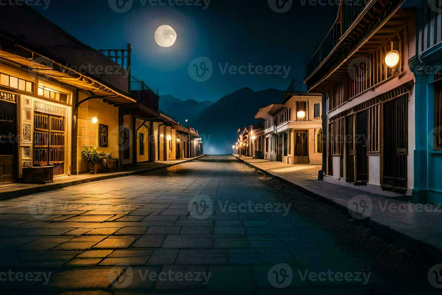a street at night with a full moon. AI-Generated photo