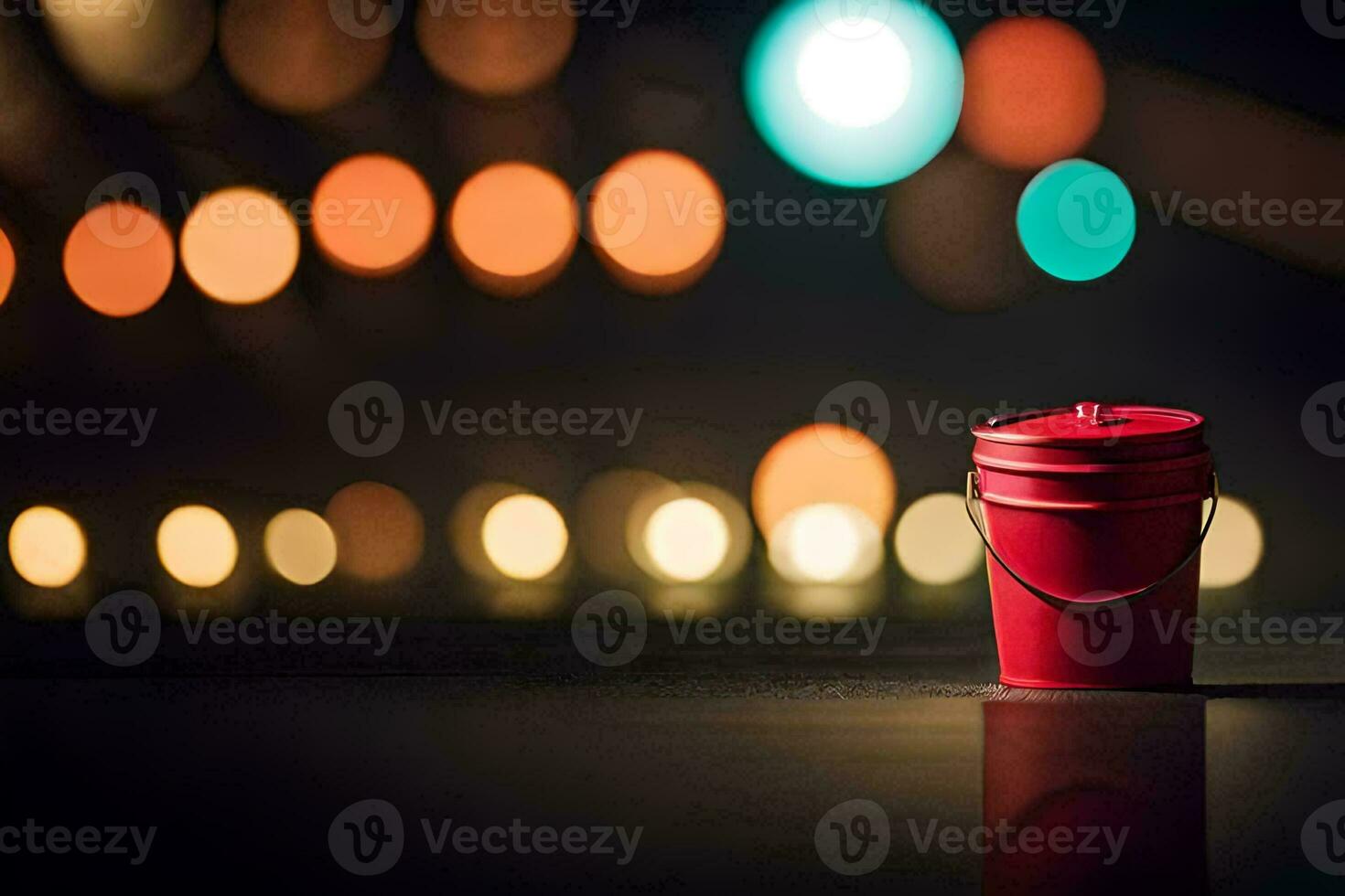 a red bucket sitting on a table in front of a blurred background. AI-Generated photo