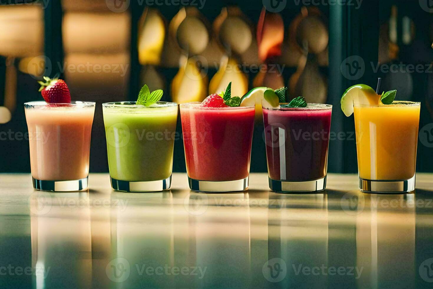 five different types of juices are lined up on a table. AI-Generated photo