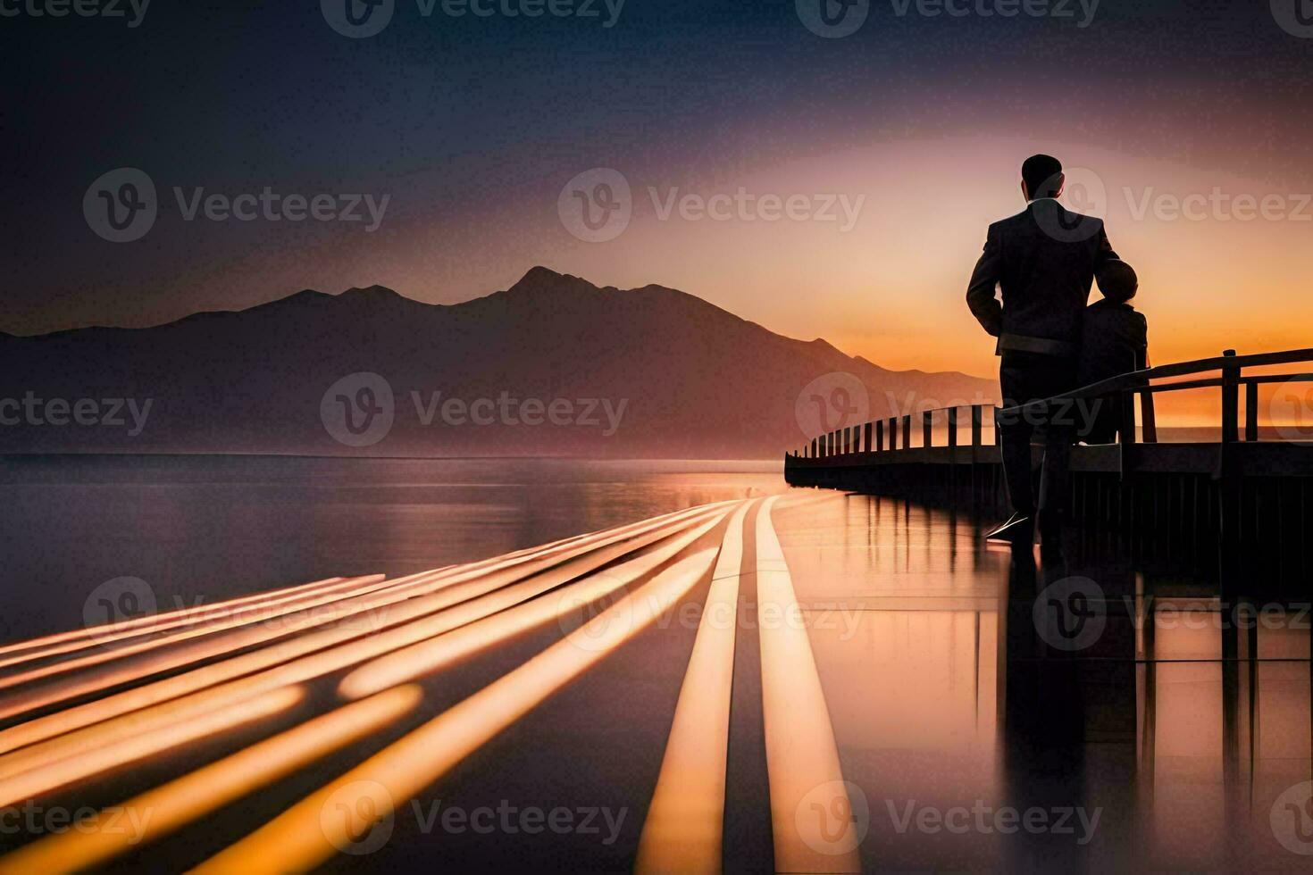 a man standing on a pier looking at the sun setting over the water. AI-Generated photo