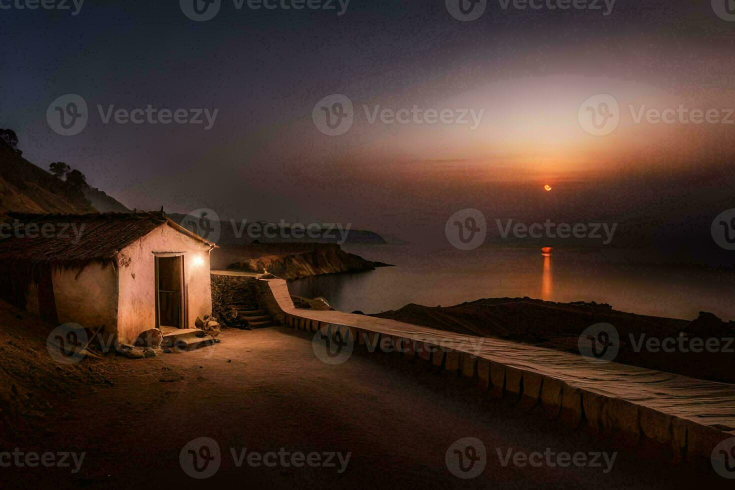 a small hut sits on the side of a hill overlooking the ocean. AI-Generated photo