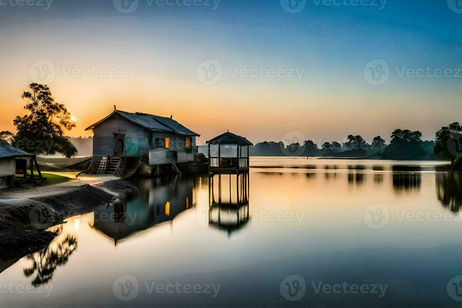 a house sits on the shore of a lake at sunset. AI-Generated photo