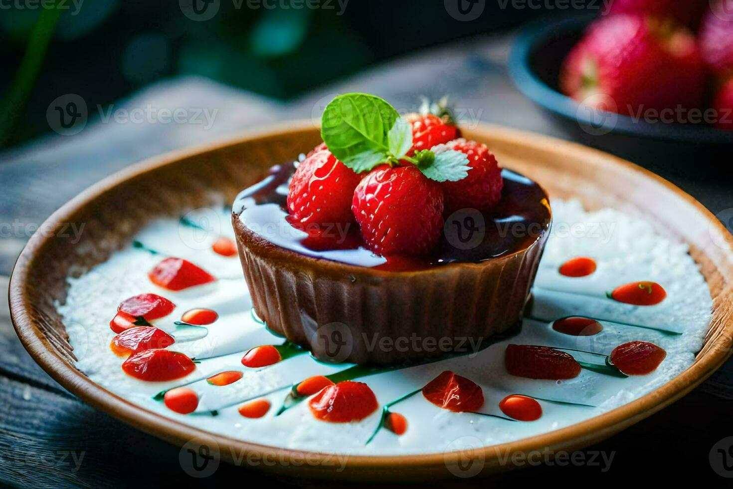 chocolate dessert with strawberries and mint. AI-Generated photo