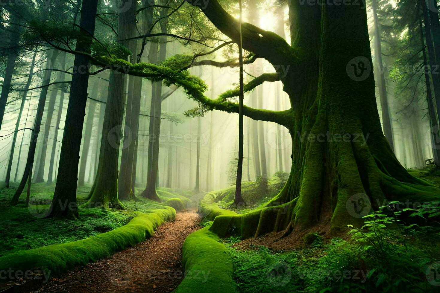 a path through a green forest with mossy trees. AI-Generated photo