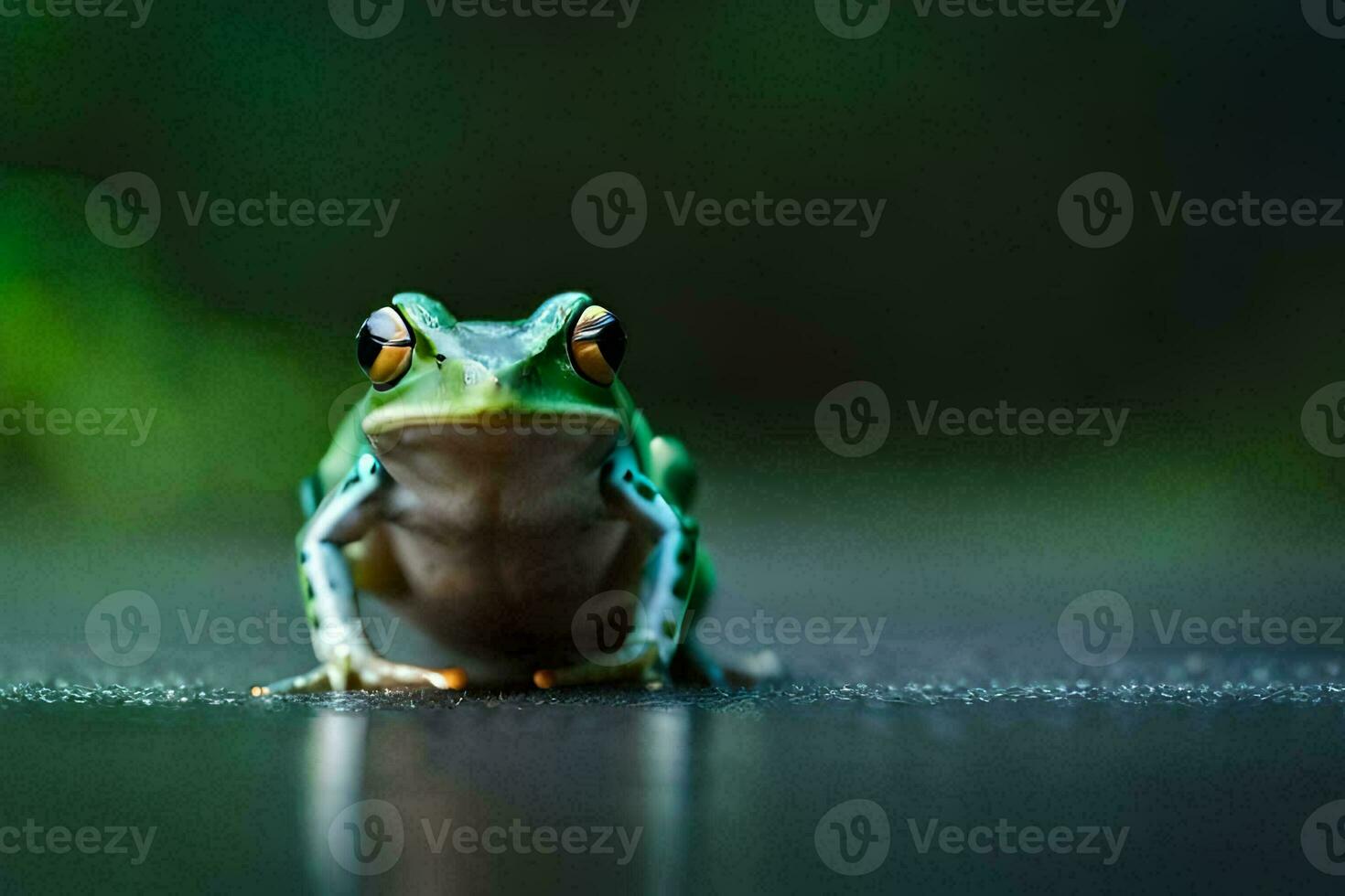 un rana sentado en el suelo con un verde antecedentes. generado por ai foto