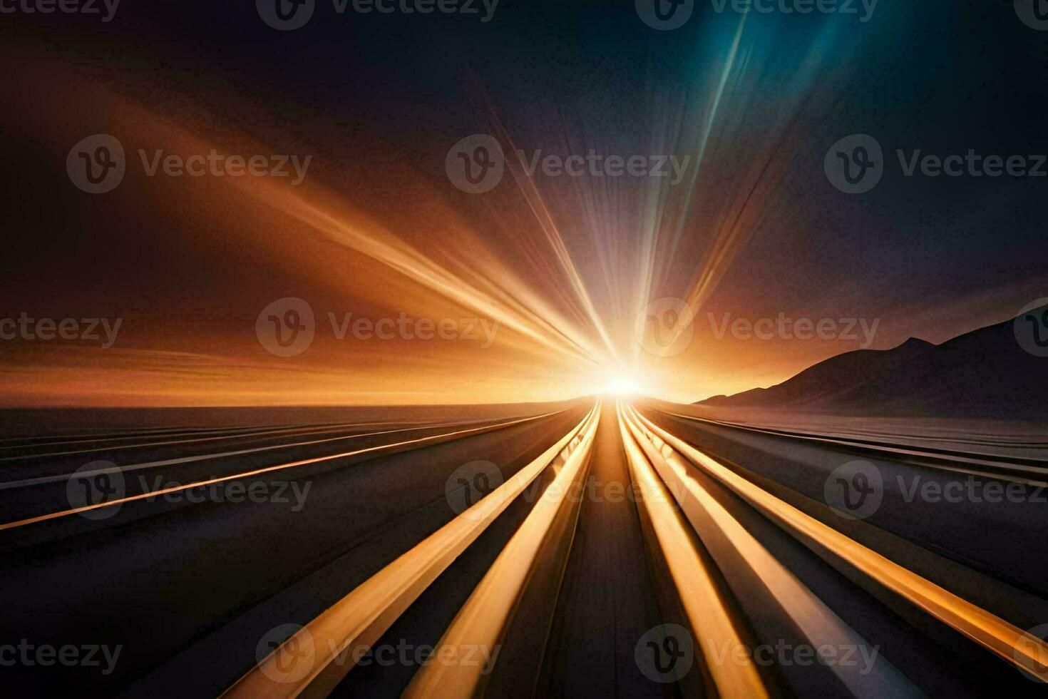 the sun is shining over a road with light trails. AI-Generated photo