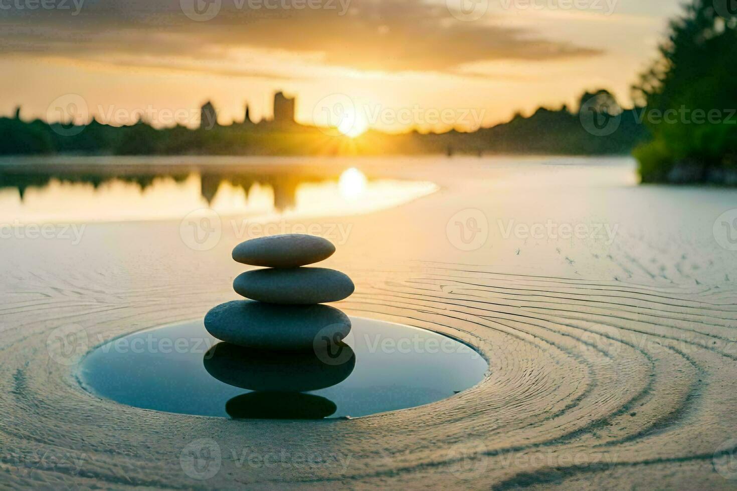 zen rocas equilibrio en el agua. generado por ai foto