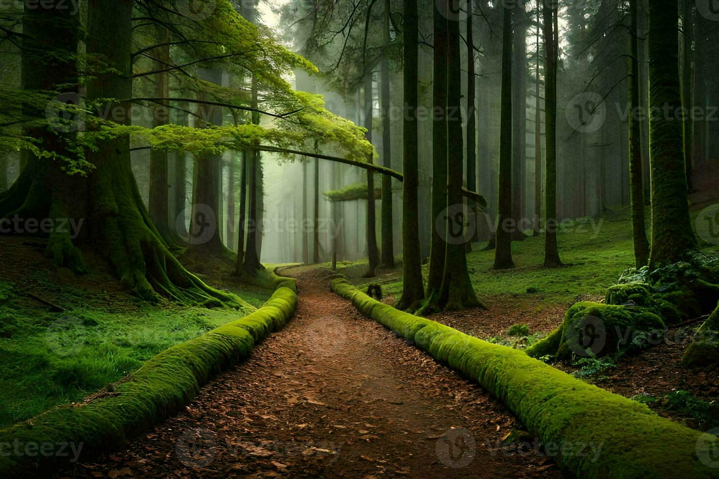 a path through a forest with mossy trees. AI-Generated photo