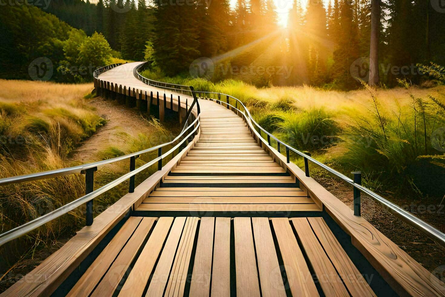 de madera pasarela en el bosque a puesta de sol. generado por ai foto