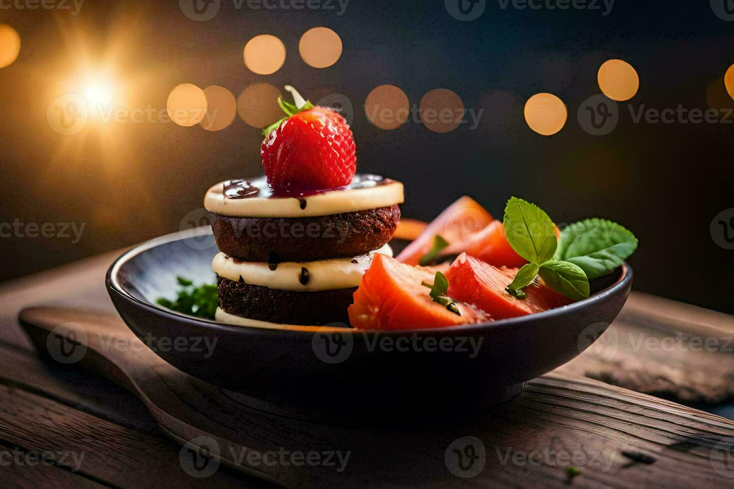 un plato con un fresa y chocolate pastel. generado por ai foto