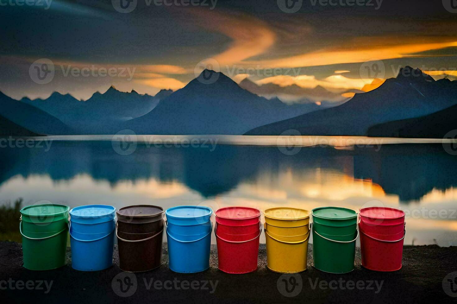 colorful buckets sit on the shore of a lake with mountains in the background. AI-Generated photo