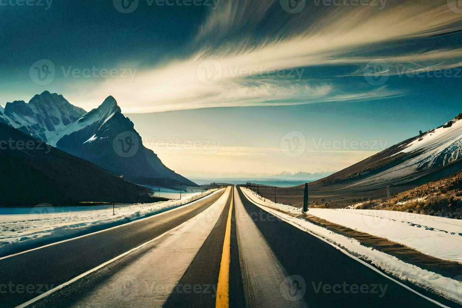 a long road with snow covered mountains in the background. AI-Generated photo
