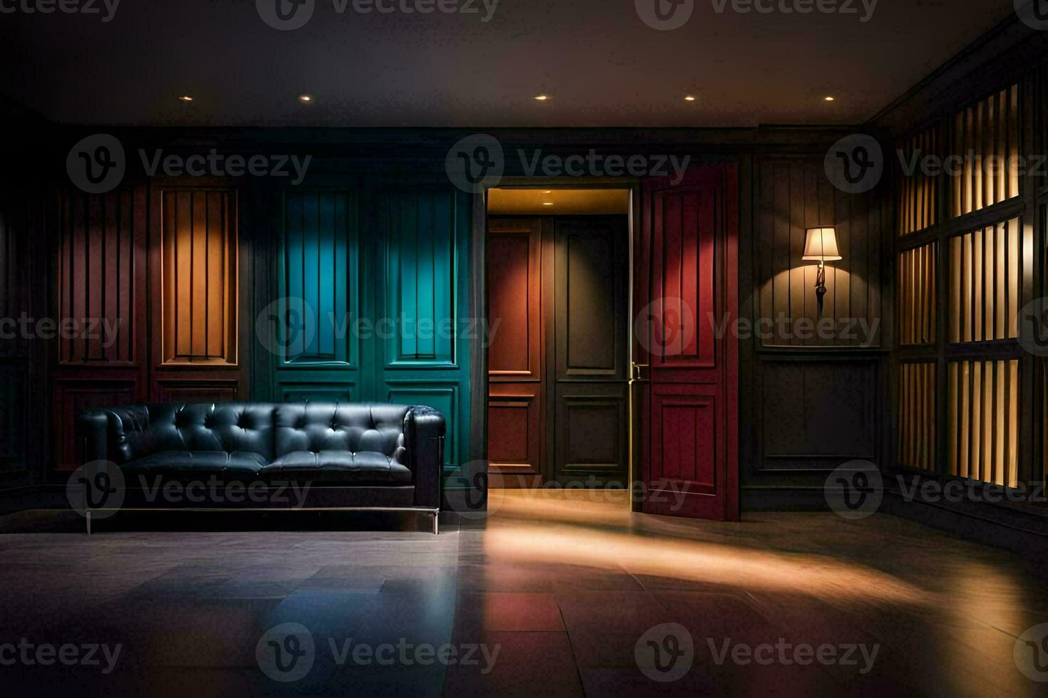 a room with a black leather couch and colorful walls. AI-Generated photo