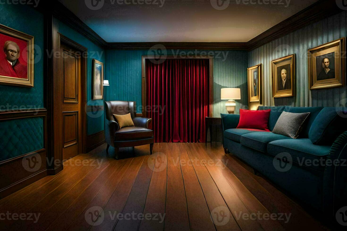 the living room of a house with blue walls and wood floors. AI-Generated photo