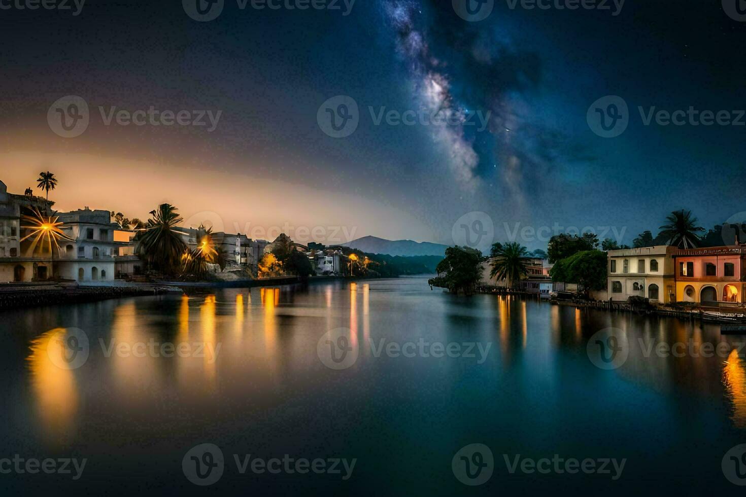 the milky way over the river in goa. AI-Generated photo