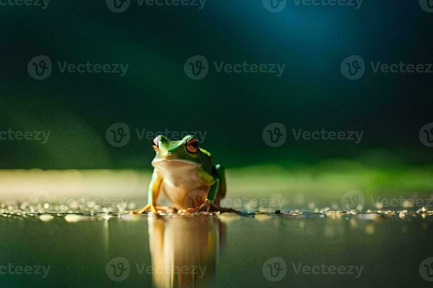 a frog sitting on the ground in the dark. AI-Generated photo