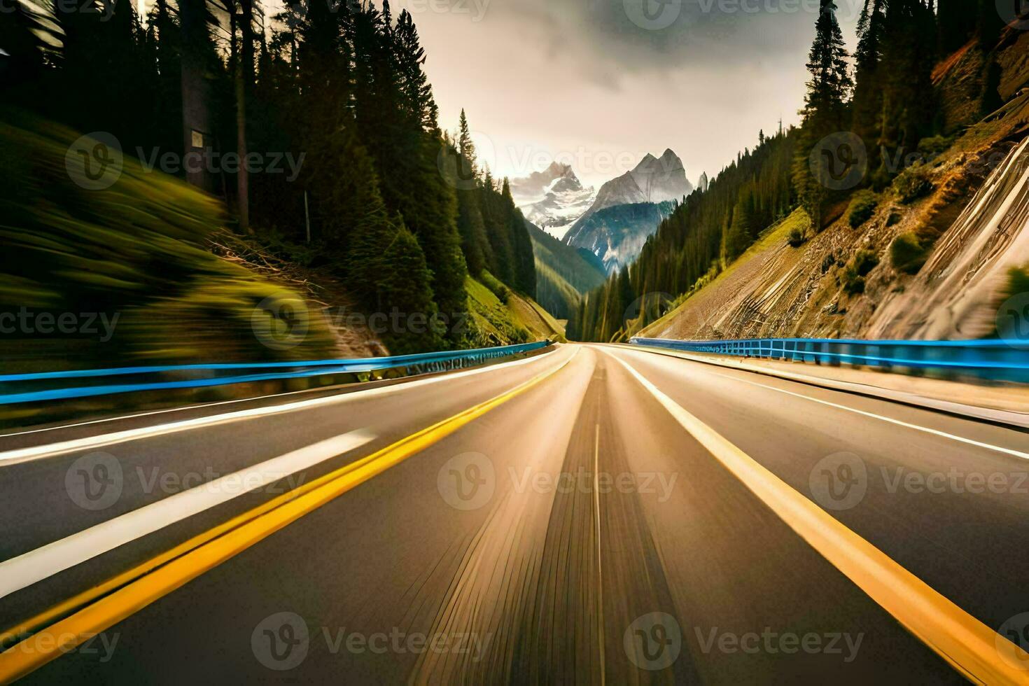 a blurry image of a road with mountains in the background. AI-Generated photo