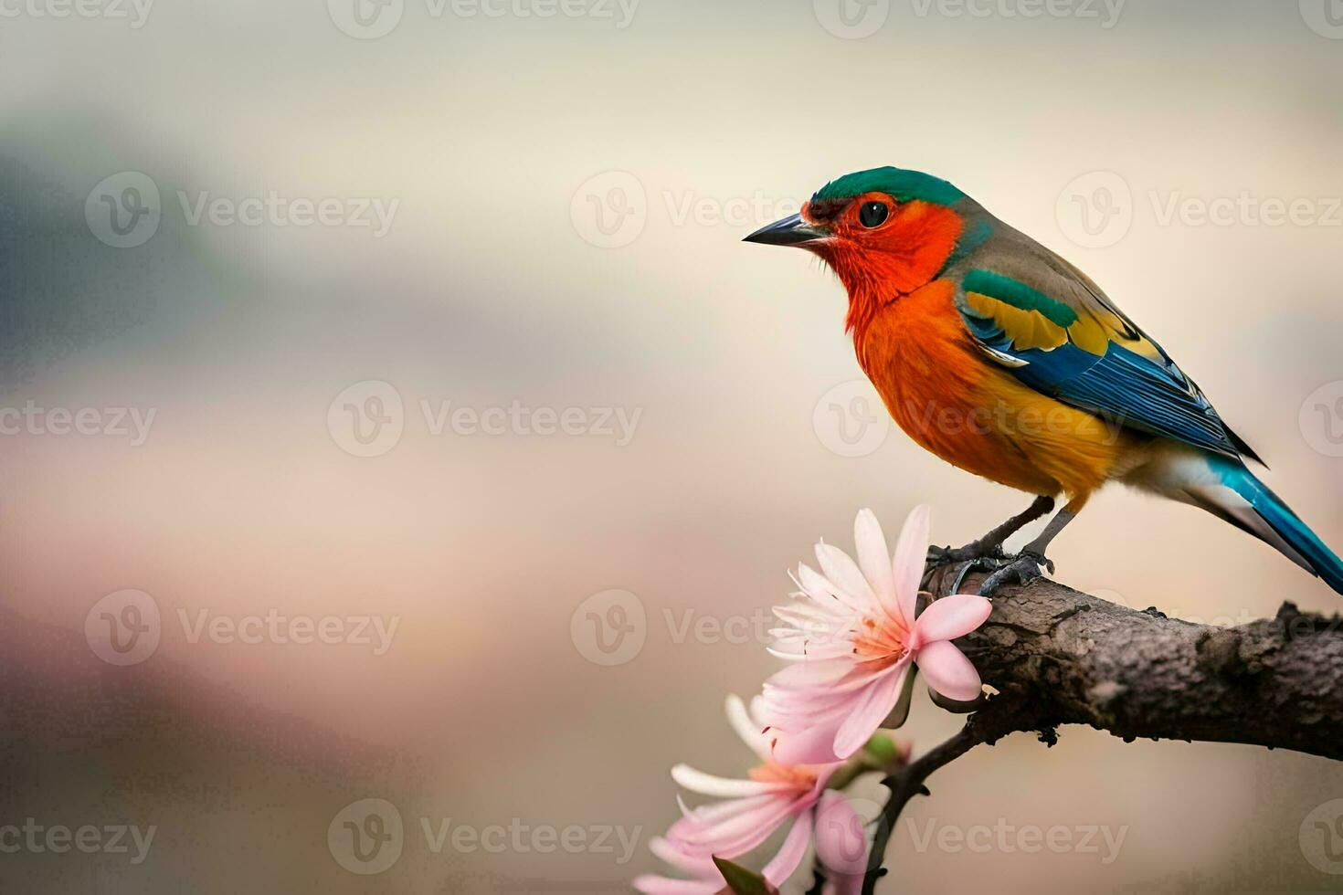 a colorful bird sits on a branch with pink flowers. AI-Generated photo