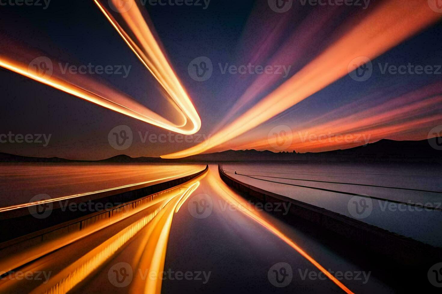 a long exposure photograph of a road with light trails. AI-Generated photo