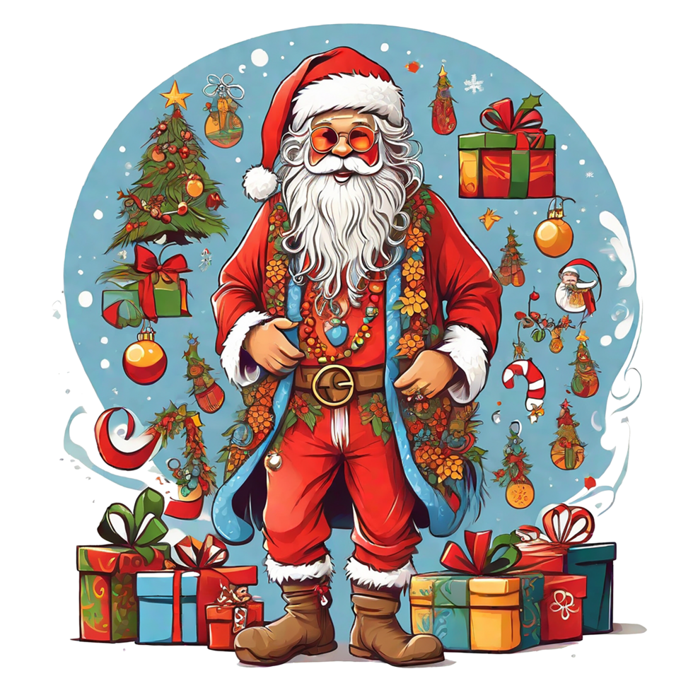 de kerstman gekleed Leuk vinden een hippie, met Kerstmis geschenken, een Kerstmis thema, illustratie, t-shirt ontwerp, vector, wit achtergrond, volledig zicht png