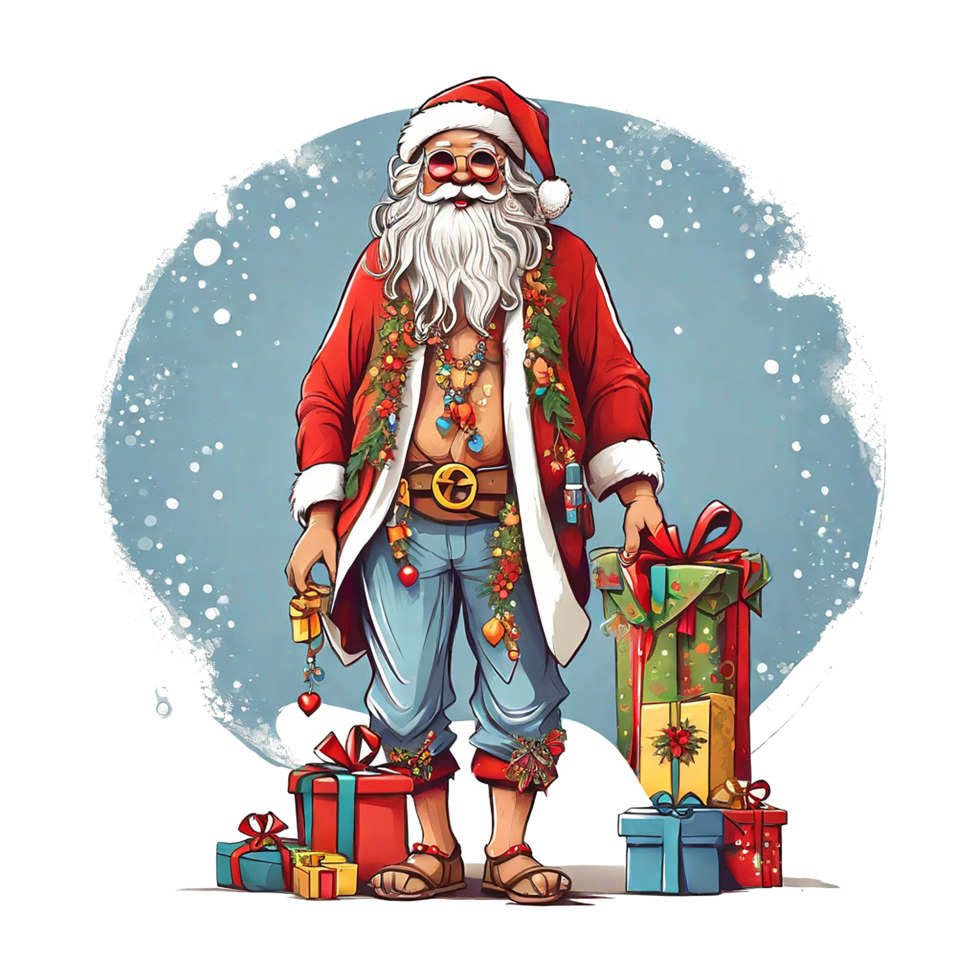 Santa dressed like a hippie, with Christmas gifts, a Christmas theme, illustration,  T-shirt design, vector, white background, full-view png