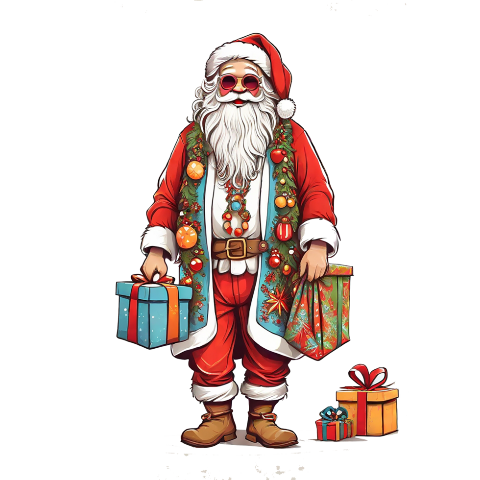 de kerstman gekleed Leuk vinden een hippie, met Kerstmis geschenken, een Kerstmis thema, illustratie, t-shirt ontwerp, vector, wit achtergrond, volledig zicht png