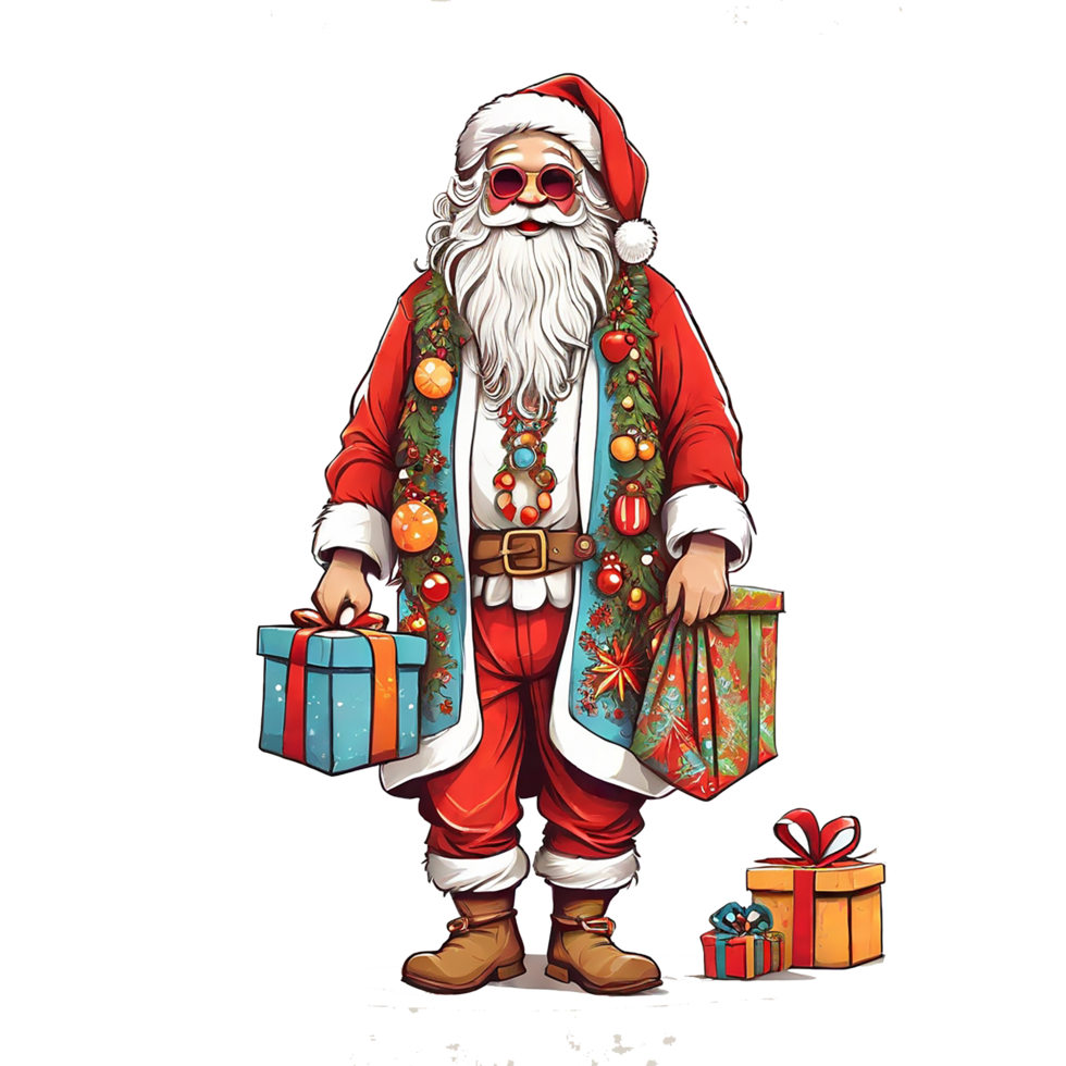 Santa dressed like a hippie, with Christmas gifts, a Christmas theme, illustration,  T-shirt design, vector, white background, full-view png