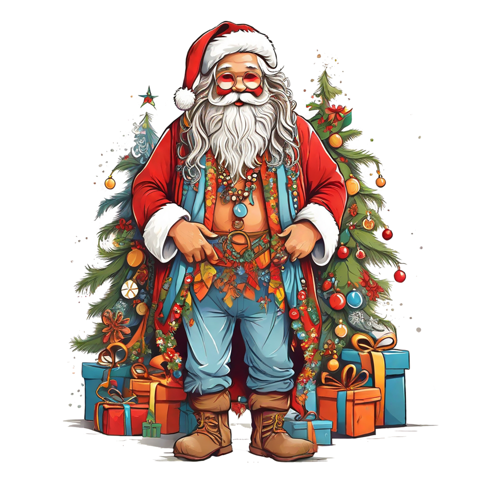 Santa dressed like a hippie, with Christmas gifts, a Christmas theme, illustration,  T-shirt design, vector, white background, full-view png