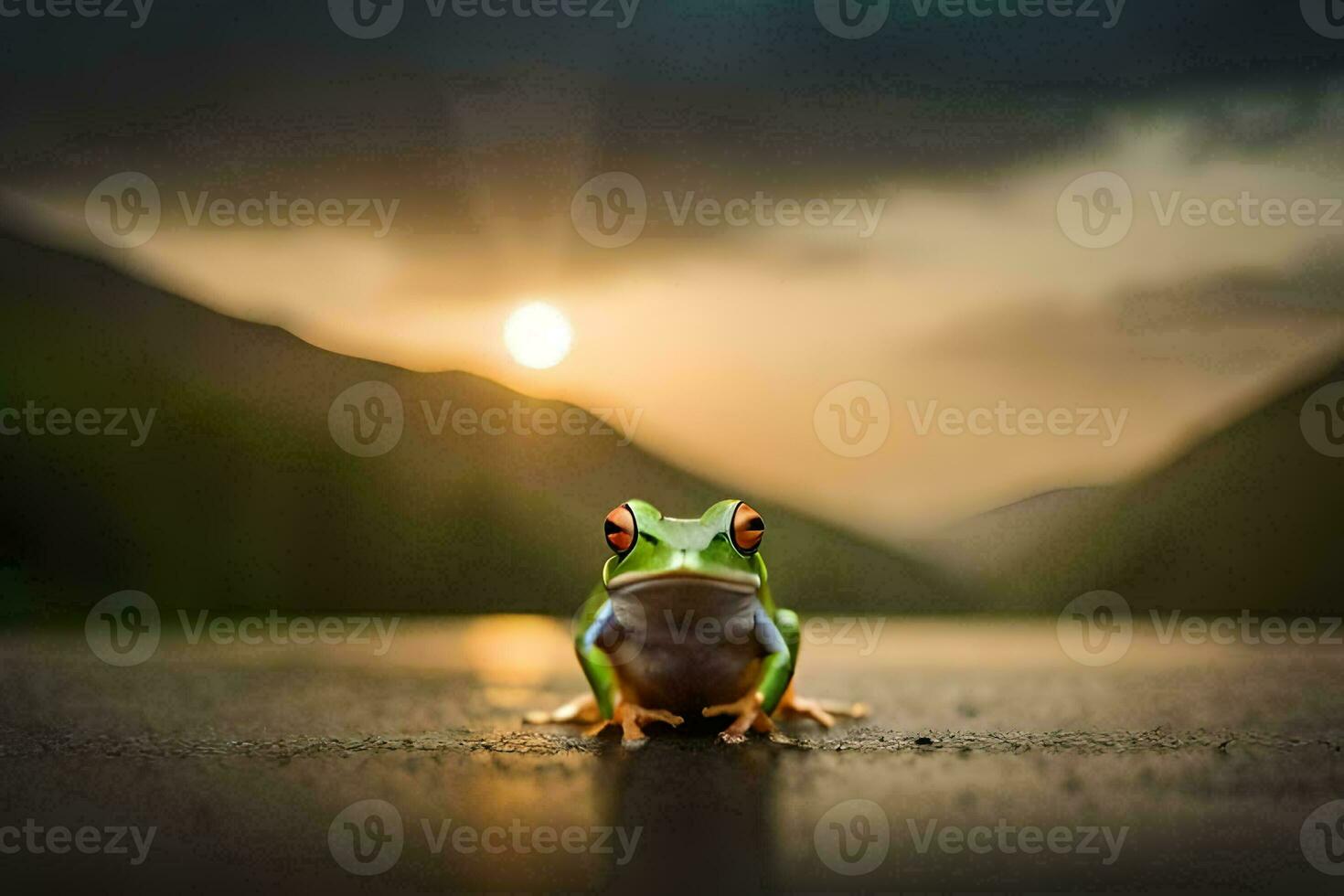 a frog sitting on the road at sunset. AI-Generated photo