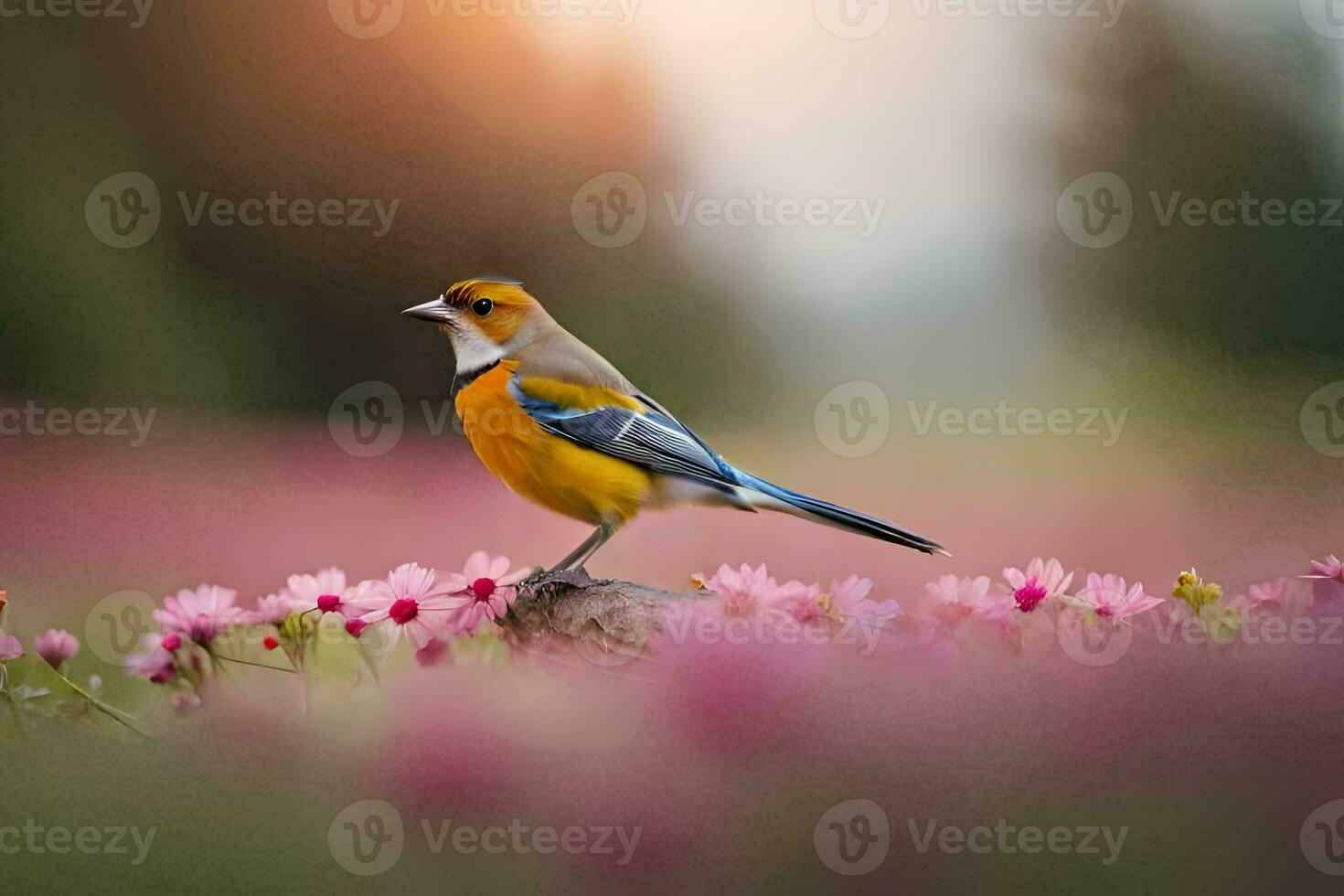 a bird is standing on a branch in a field of pink flowers. AI-Generated photo