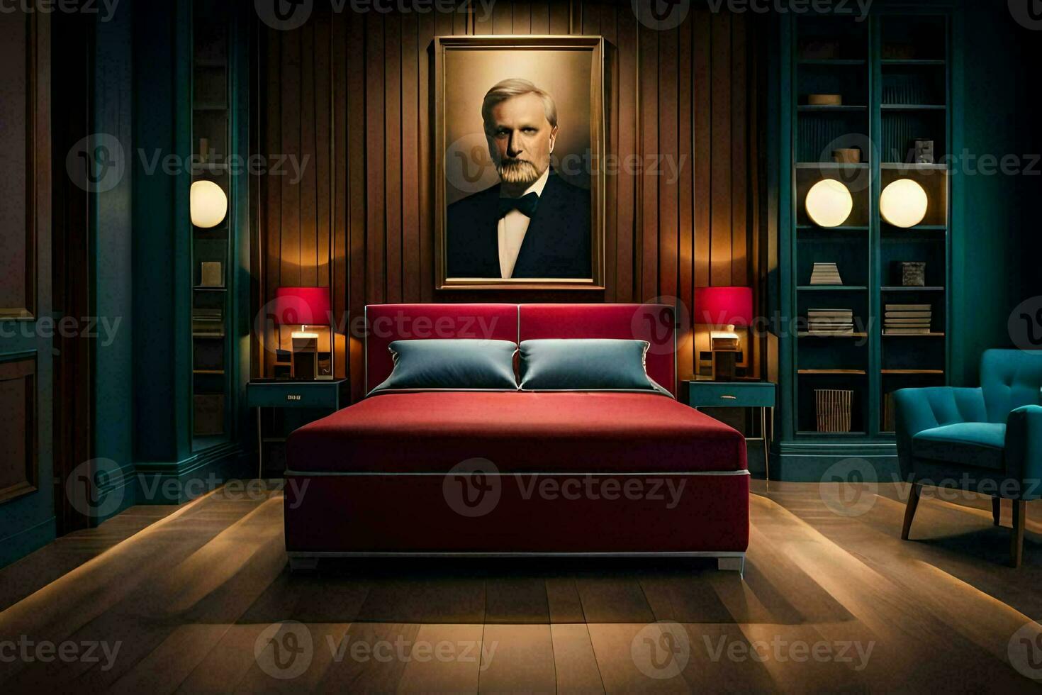 a bedroom with a red bed and a painting on the wall. AI-Generated photo
