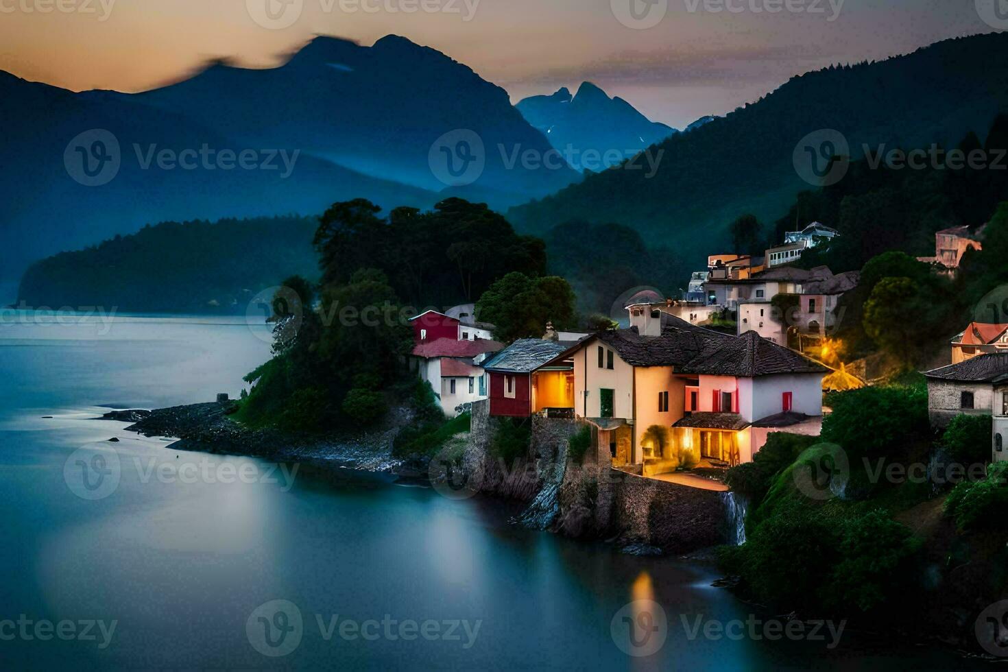 a village on the shore of a lake at dusk. AI-Generated photo