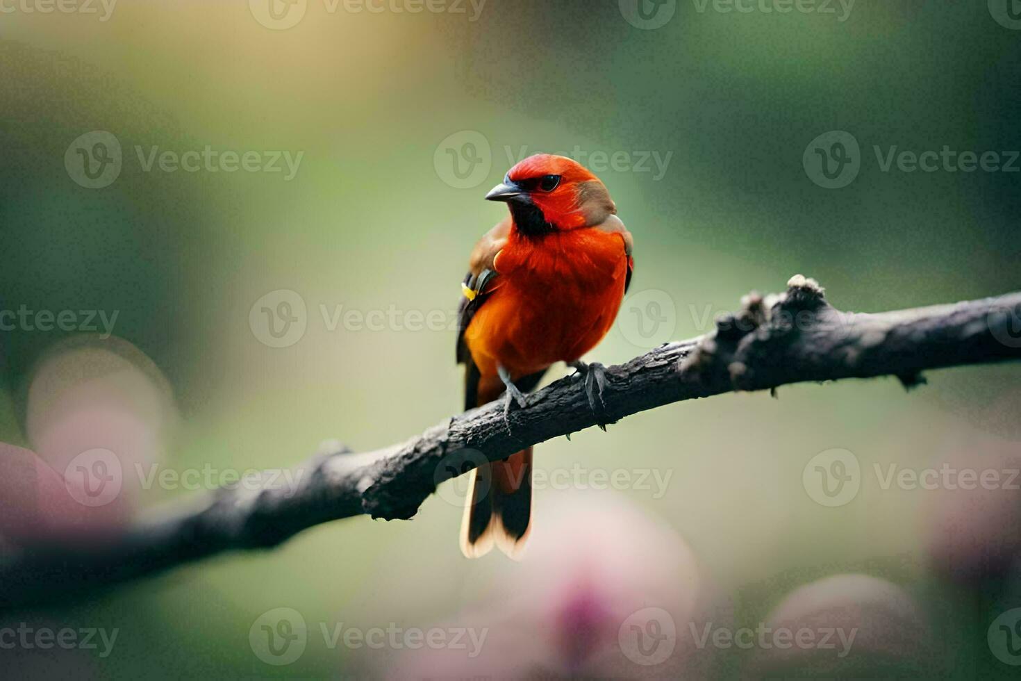 a red bird sitting on a branch. AI-Generated photo