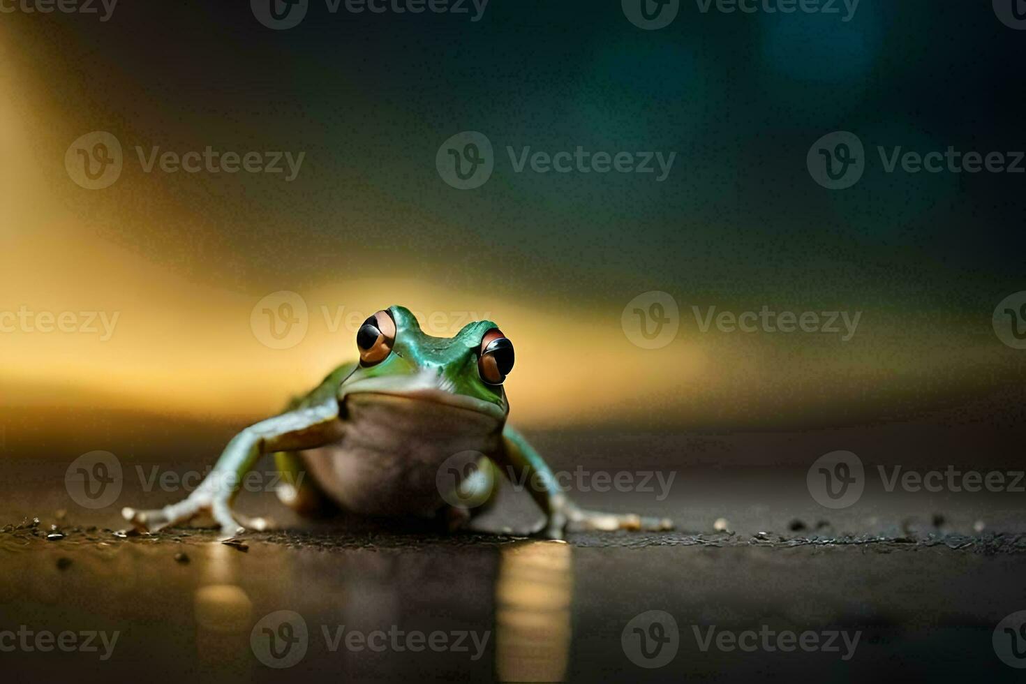 a frog is sitting on the ground with a blurry background. AI-Generated photo