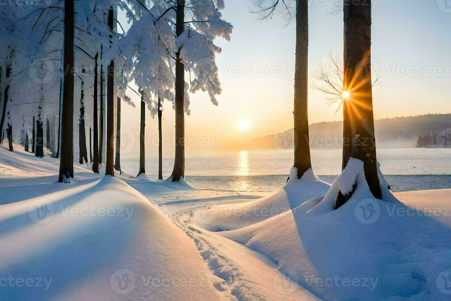 snow covered trees and the sun setting over a lake. AI-Generated photo