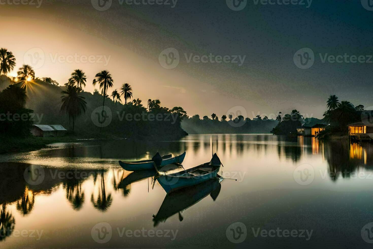 two boats sit on the water at sunset. AI-Generated photo