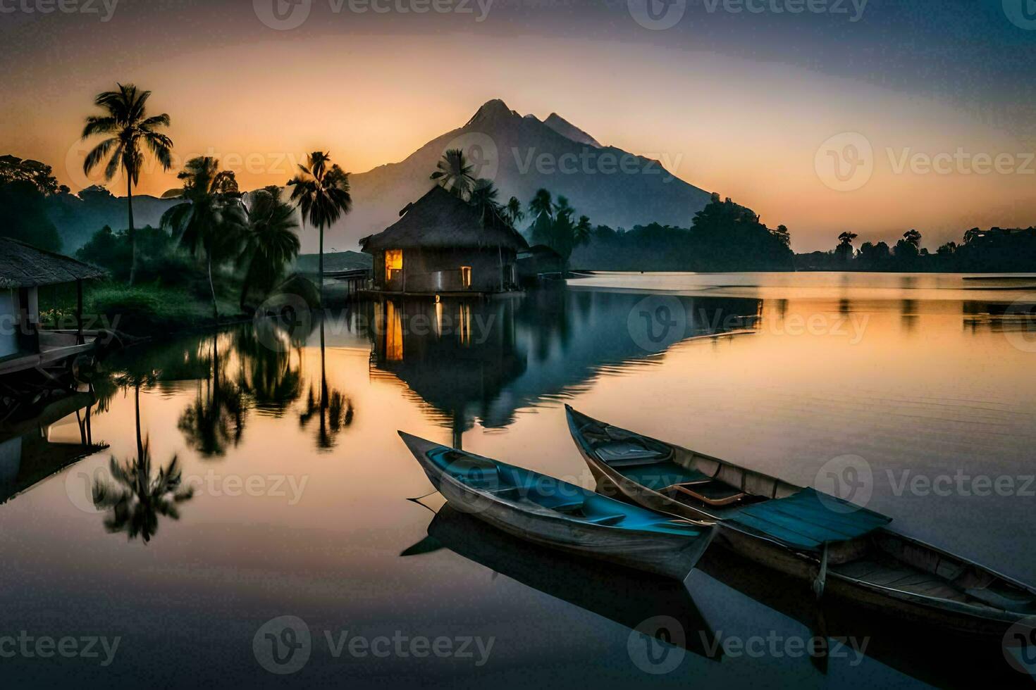 dos barcos sentar en el agua a puesta de sol. generado por ai foto