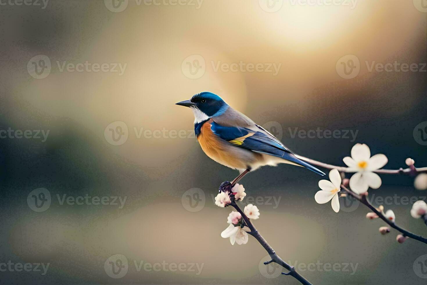 a blue bird sits on a branch with white flowers. AI-Generated photo