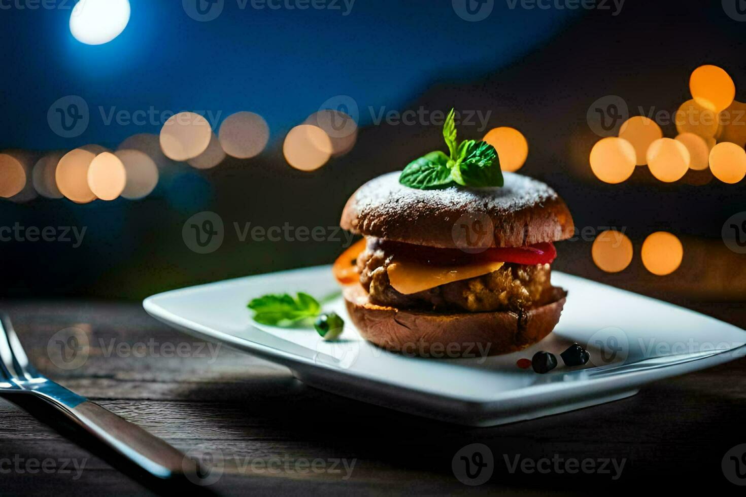 a hamburger on a plate with a fork and knife. AI-Generated photo