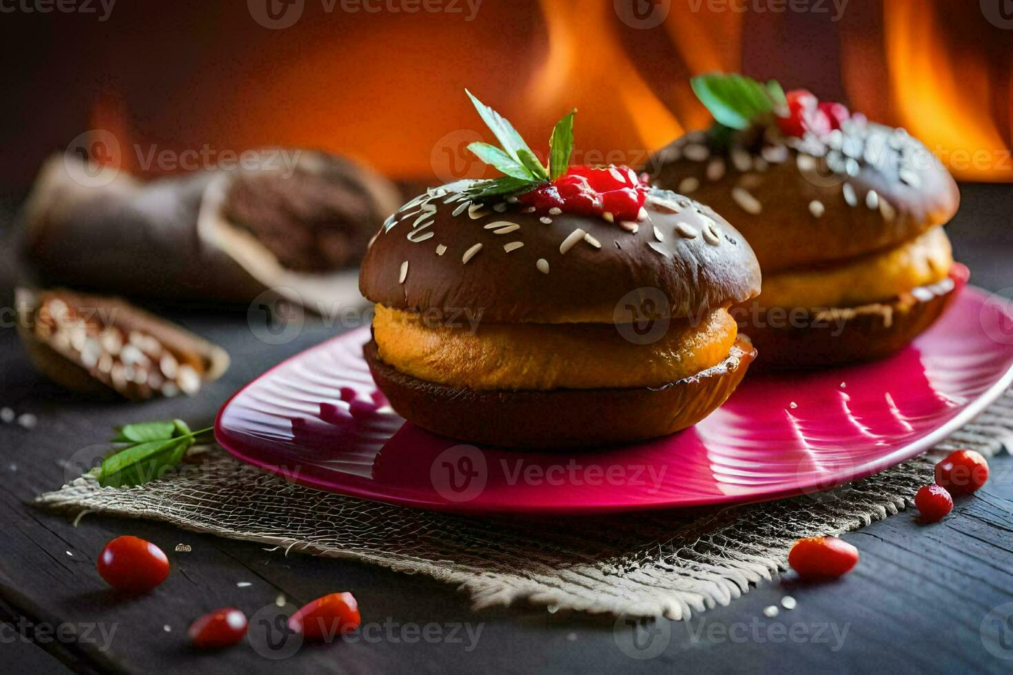 two hamburgers on a pink plate with berries. AI-Generated photo