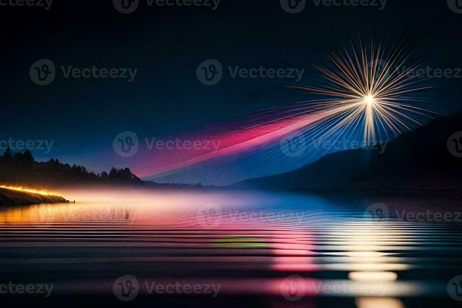 a colorful light shines over a lake at night. AI-Generated photo