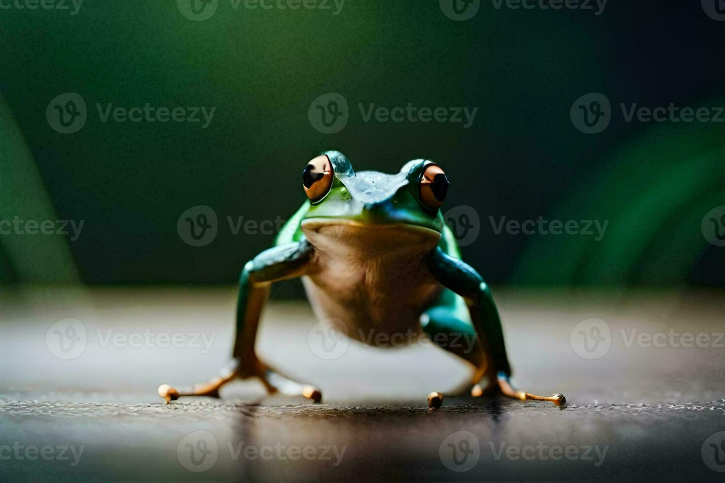 a frog is standing on a wooden surface. AI-Generated photo