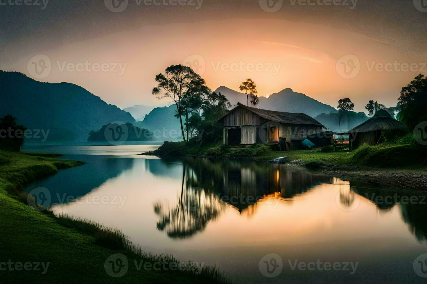 un pequeño choza se sienta en el borde de un lago a puesta de sol. generado por ai foto