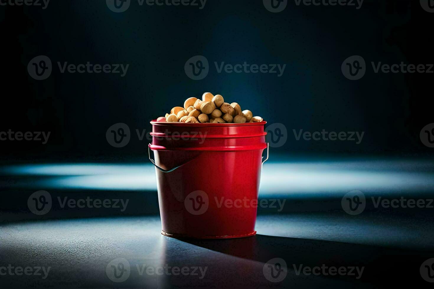 a red bucket filled with peanuts on a dark background. AI-Generated photo