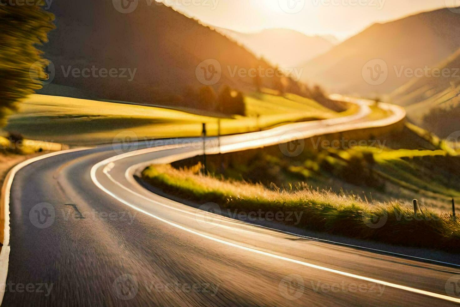 a winding road in the mountains with the sun setting. AI-Generated photo